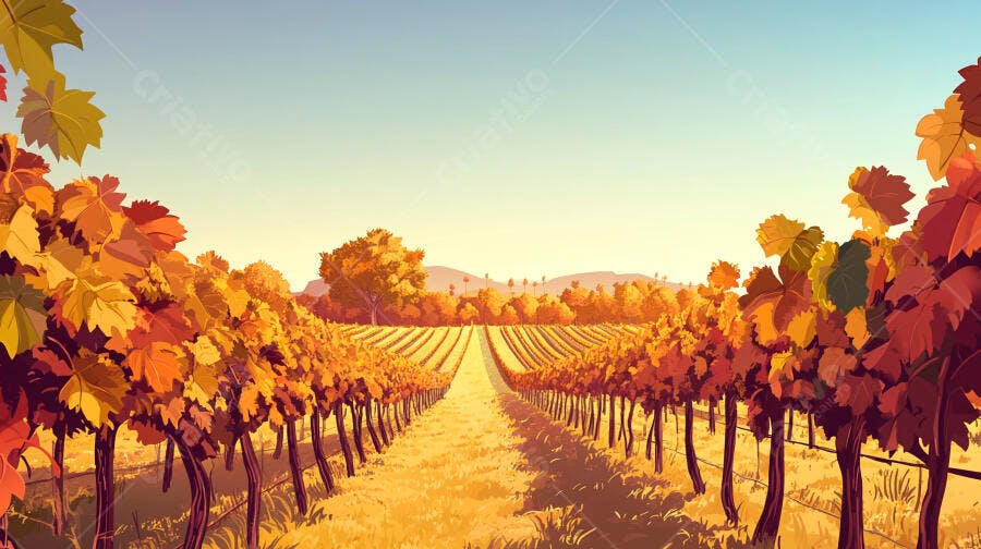 Vinhedo Outono Ilustração Digital Campo de Uvas Douradas
