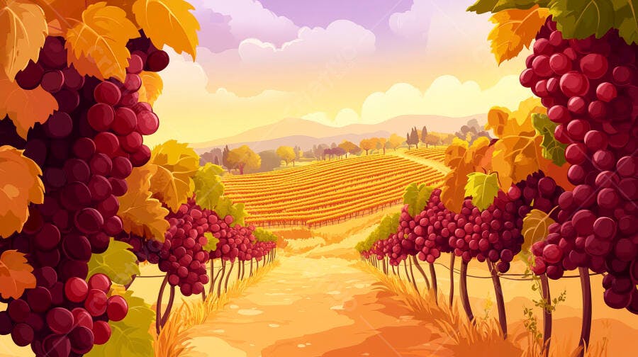 Ilustração Vinhedo Outono Uvas Roxas Campo Dourado
