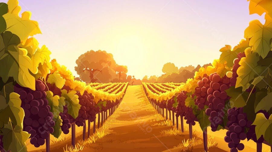 Ilustração Vinhedo Uvas Roxas Pôr do Sol Paisagem Rural