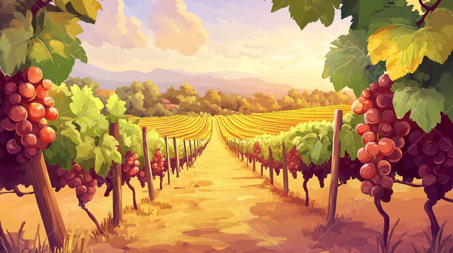 Ilustração Vinhedo Uvas Maduras Pôr do Sol Paisagem Rural