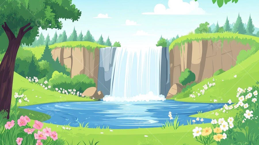 Cachoeira Desenho Animado Lagoa Verde Natureza Ilustração