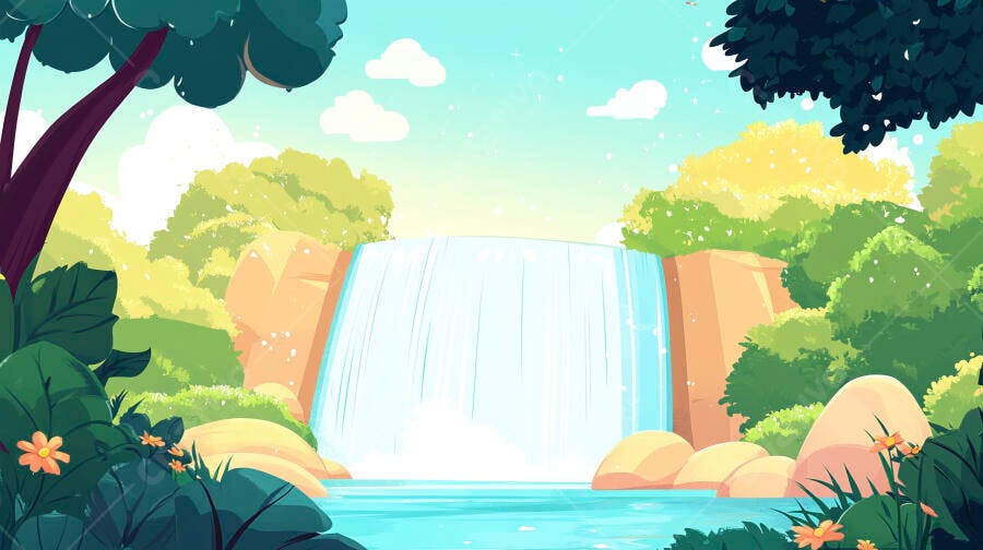 Ilustração Cachoeira Tropical Floresta Rio Natureza Azul Verde