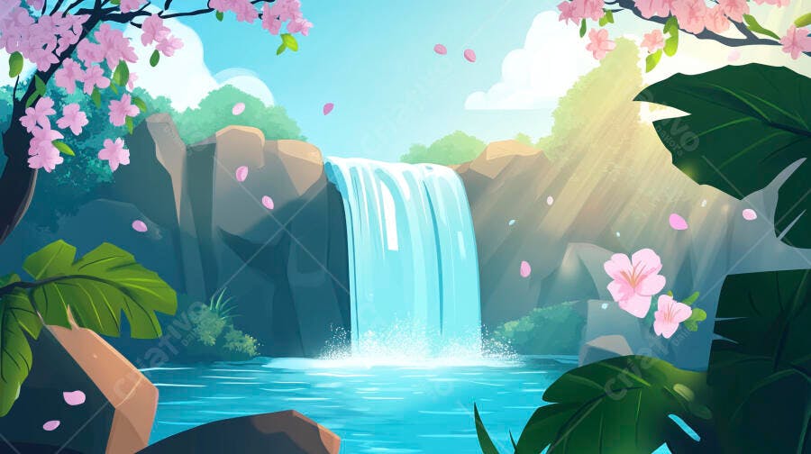 Cachoeira Japonesa Flores de Cerejeira Paisagem Ilustração