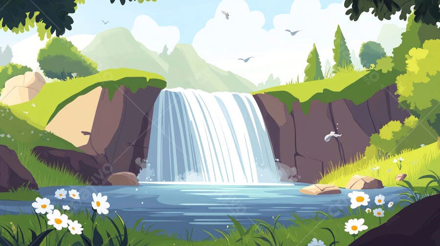 Ilustração Cachoeira Natural Floresta Verde Rio Azul