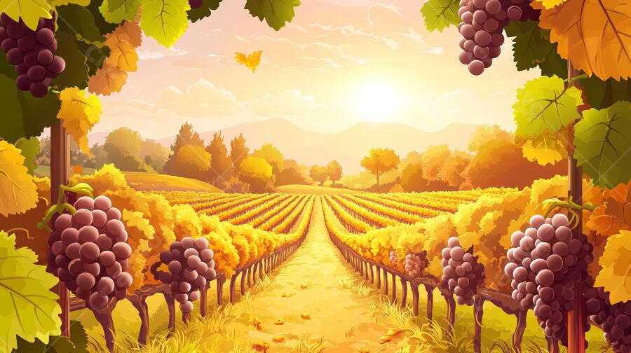 Foto Vinhedo Parreiras Uvas Maduras Pôr do Sol Dourado