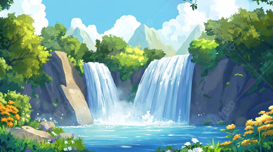 Ilustração Cataratas Cachoeira Floresta Tropical Desenho Animado
