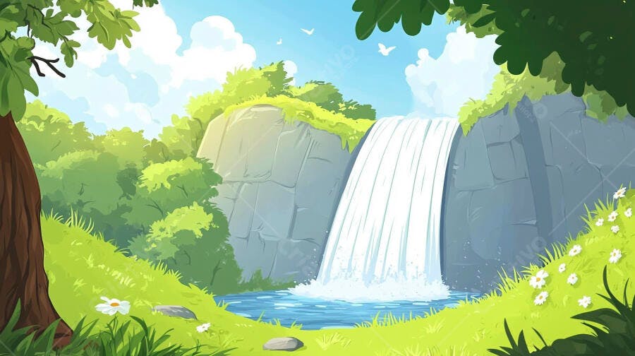 Ilustração Cachoeira Natureza Floresta Verde Desenho Animado