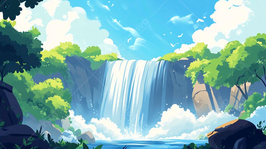 Ilustração Cachoeira Tropical Natureza Exuberante Céu Azul