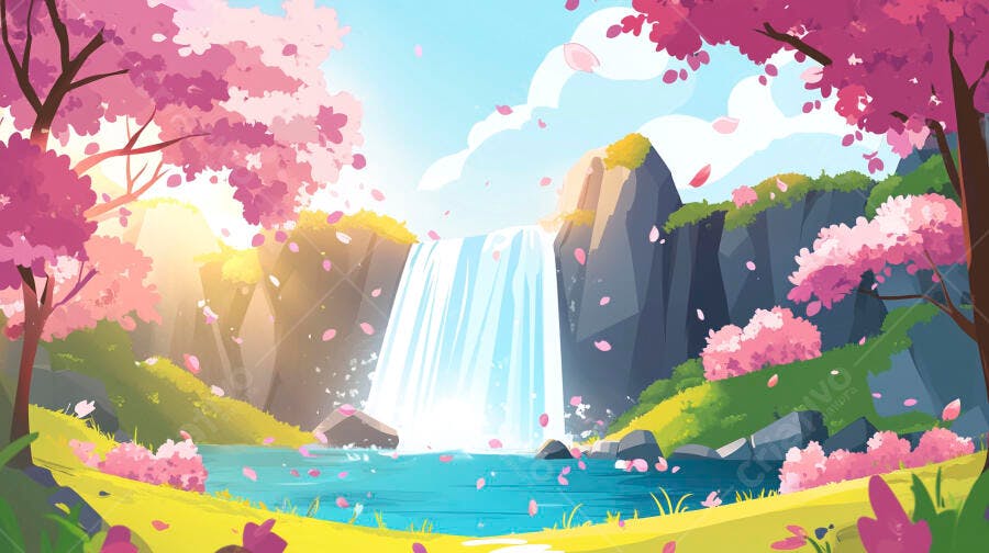 Ilustração Catarata Primavera Flores Cerejeira Japão