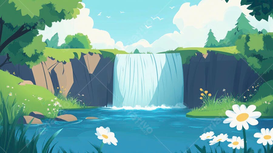Ilustração Cachoeira Natureza Paisagem Verde Desenho Animado