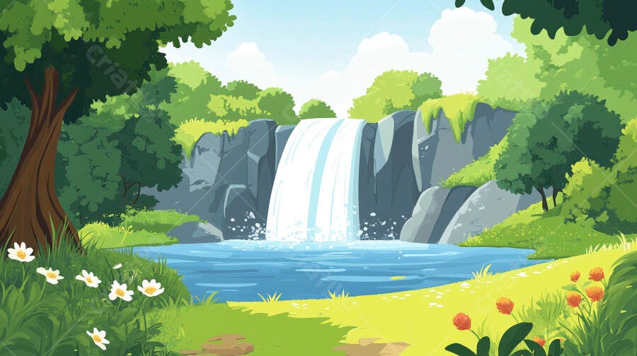 Ilustração Cachoeira Floresta Tropical Desenho Animado