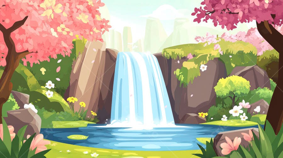 Cachoeira Japonesa Primavera Árvores Sakura Cenário