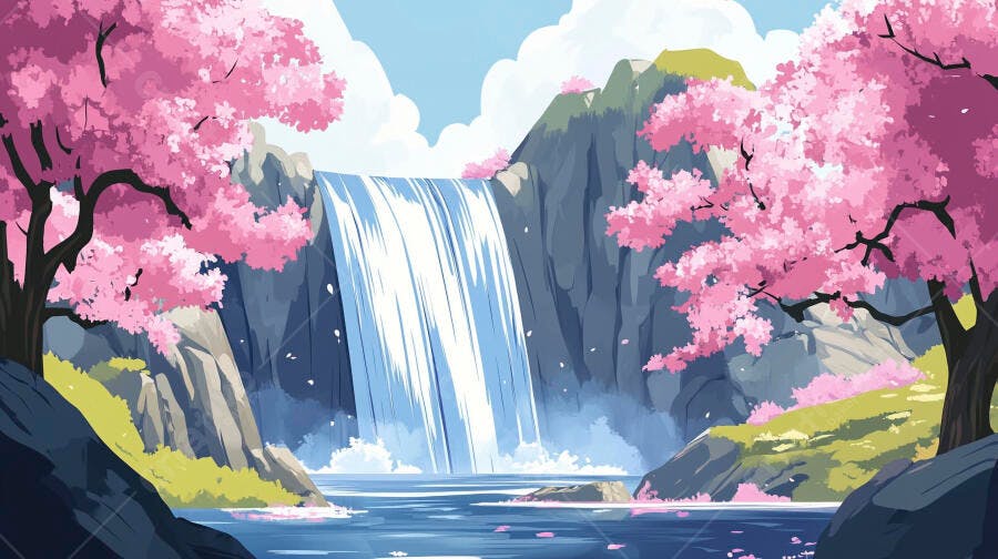 Cachoeira Japonesa Cerejeiras Floridas Estilo Anime Ilustração