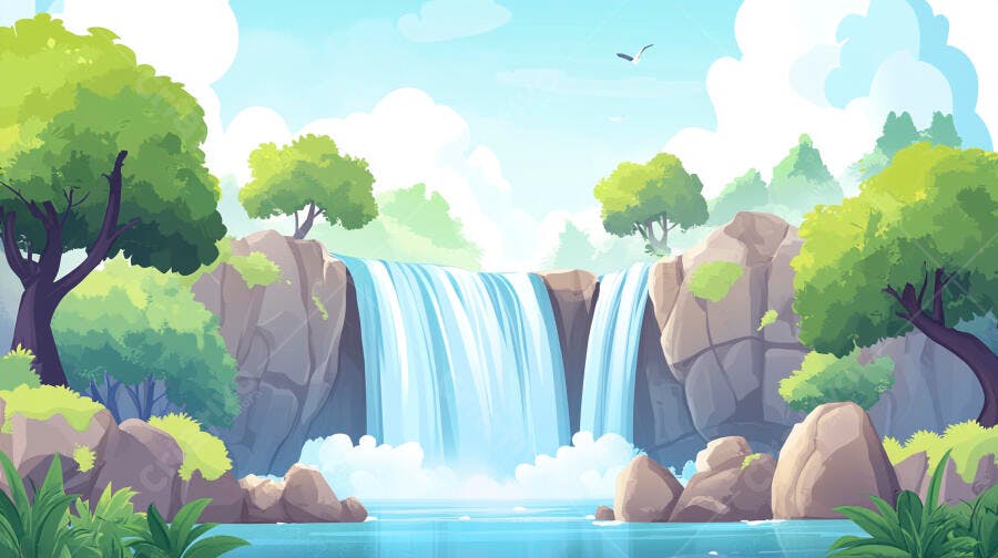Ilustração Cachoeira Tropical Natureza Exuberante Desenho Vetorial