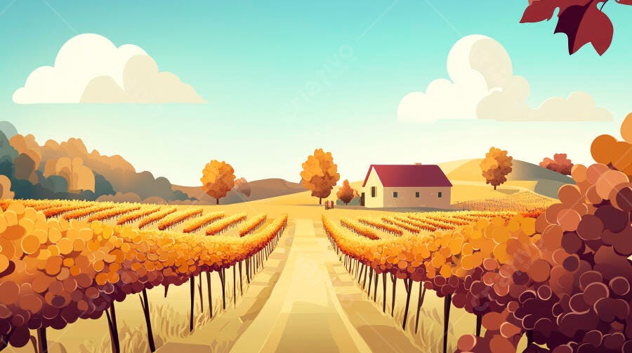 Ilustração Campo de Vinhedos Outono Casa Rural