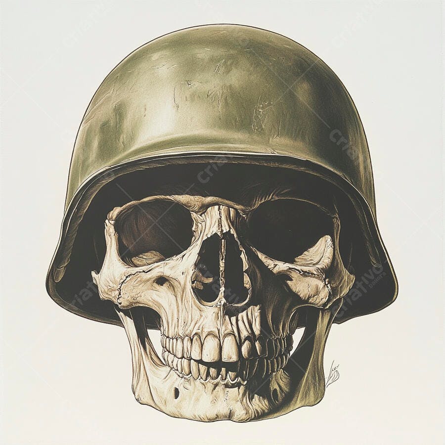 Crânio Humano com Capacete Militar Antigo Ilustração