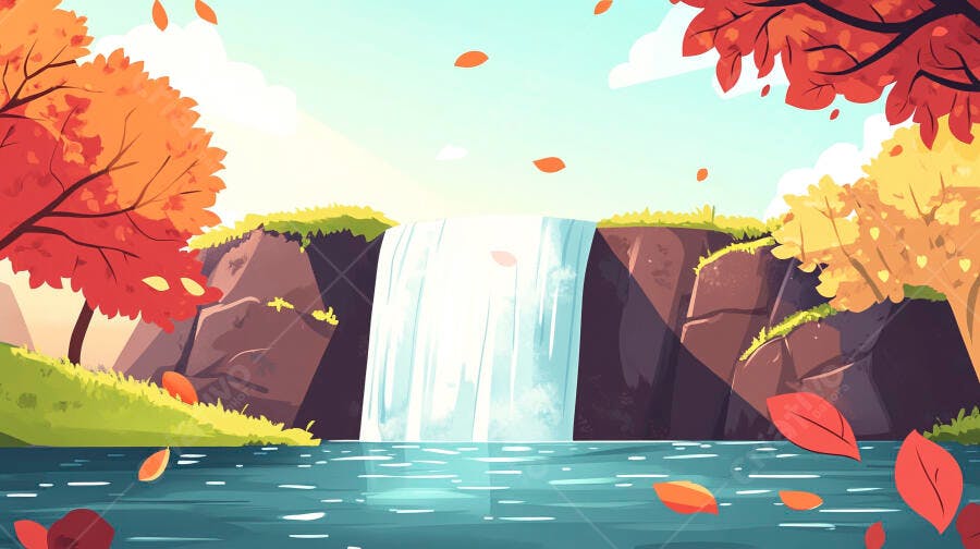 Ilustração Catarata Outono Folhas Caindo Paisagem Vetorial