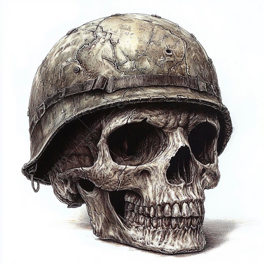 Crânio Humano com Capacete Militar Antigo Ilustração 3D