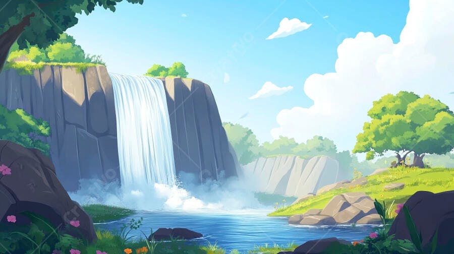Cachoeira Ilustração Natureza Paisagem Floresta Azul Céu