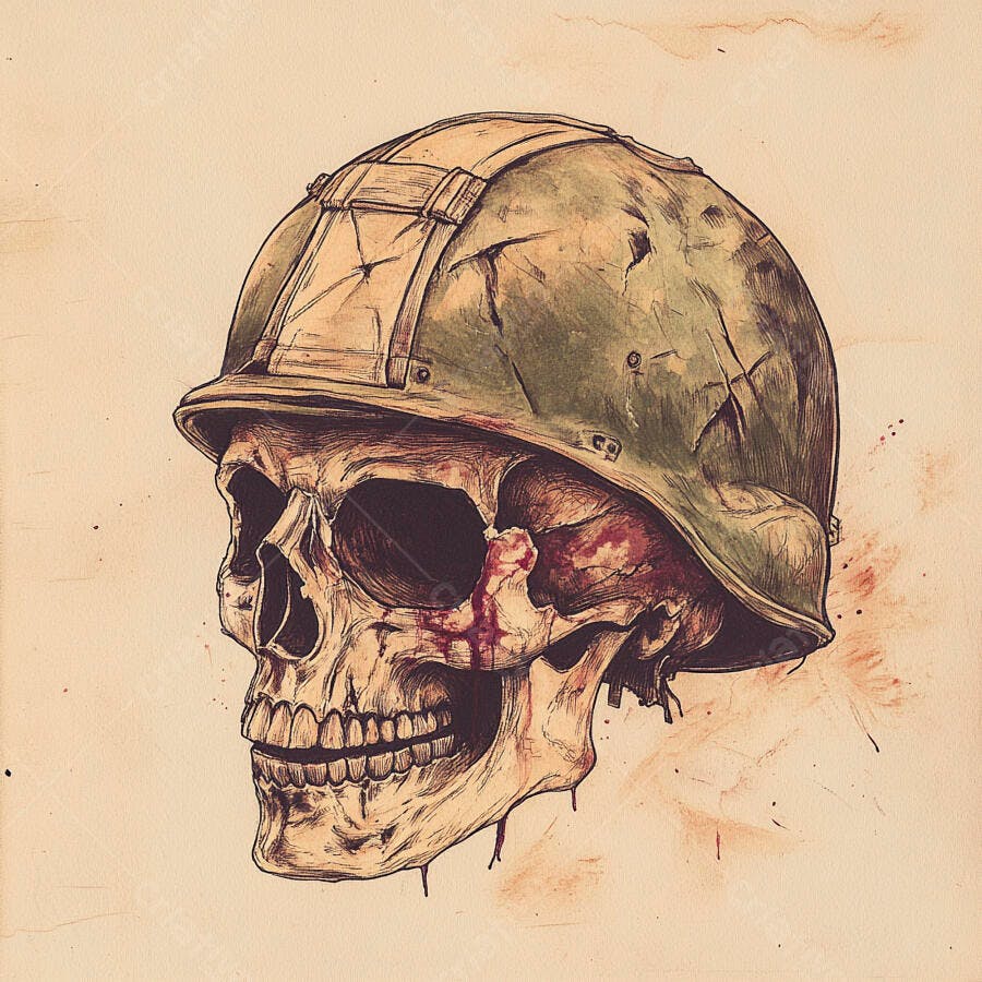 Ilustração Crânio Humano Capacete Militar Guerra
