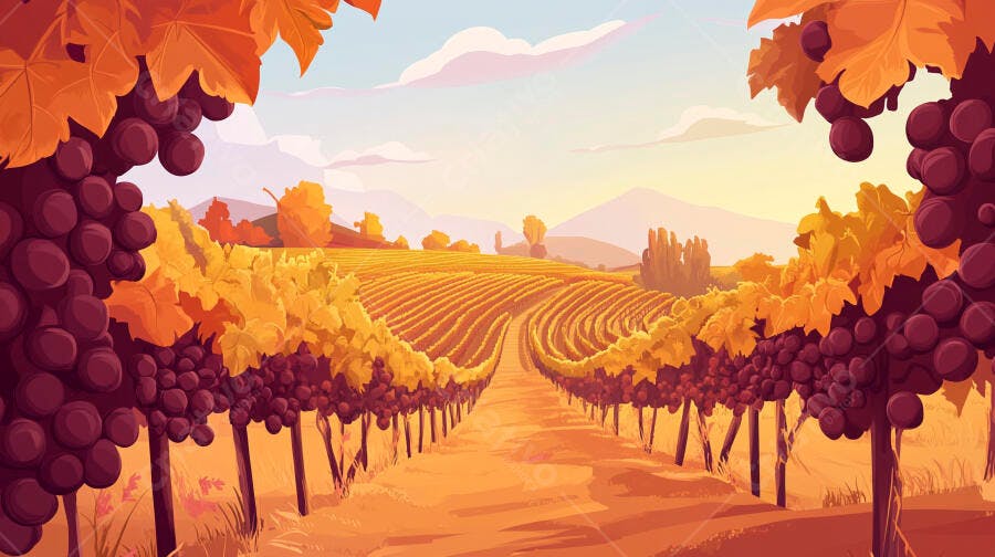 Ilustração Vinhedo Outono Uvas Roxas Pôr do Sol