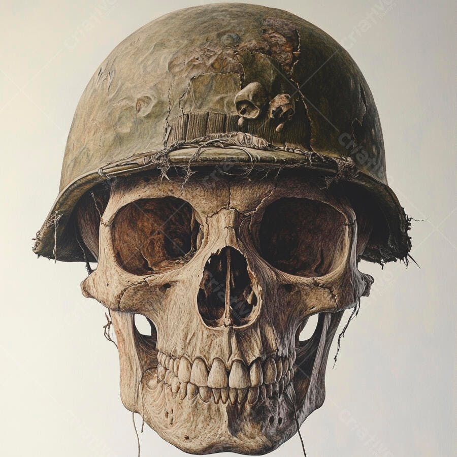 Foto Crânio Humano Capacete Militar Guerra Estúdio