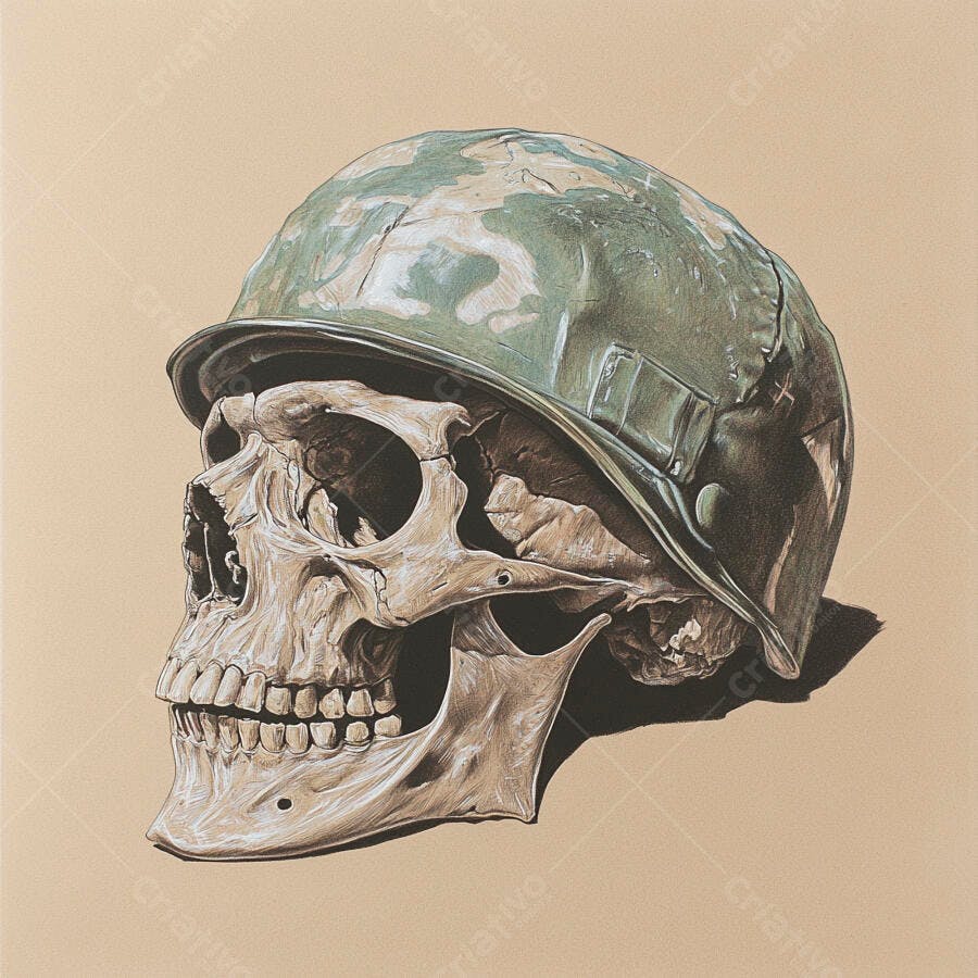 Foto Crânio Humano com Capacete Militar Camuflado