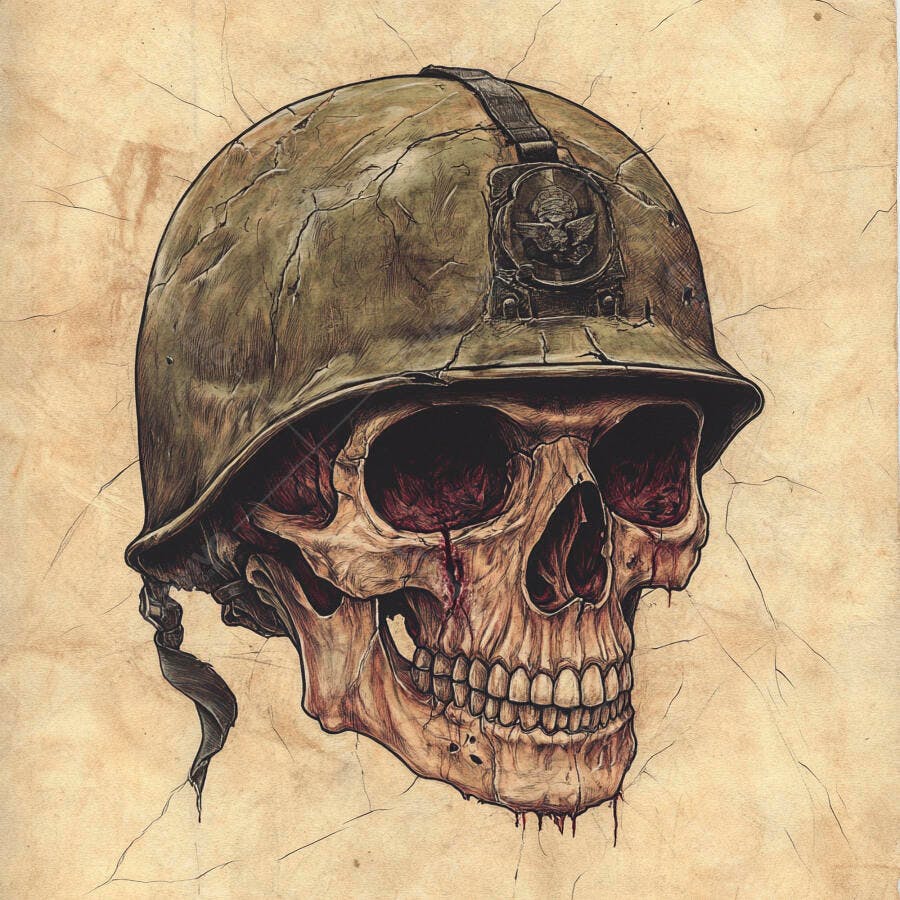 Caveira com Capacete Militar Antigo Ilustração Vintage