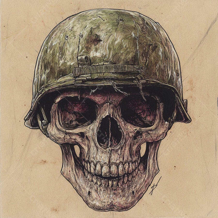 Ilustração Crânio Humano Capacete Militar Vintage Guerra