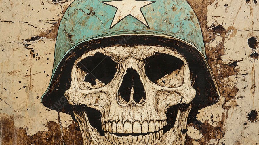 Caveira de Soldado com Capacete Estrela Fundo Grunge Desgastado