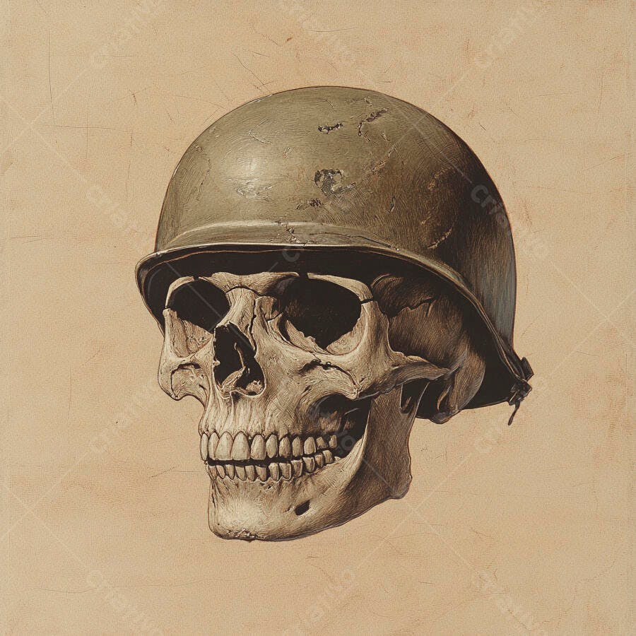 Crânio Humano Capacete Militar Vintage Ilustração