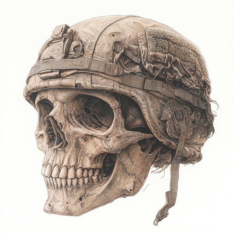 Crânio Humano com Capacete Militar Tático Desenho Realista