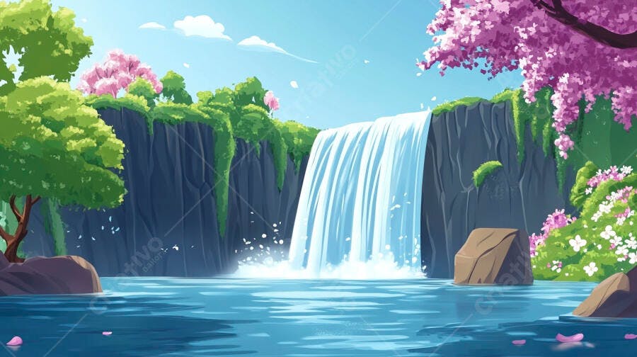 Cachoeira Ilustração Cenário Natural Primavera Flores