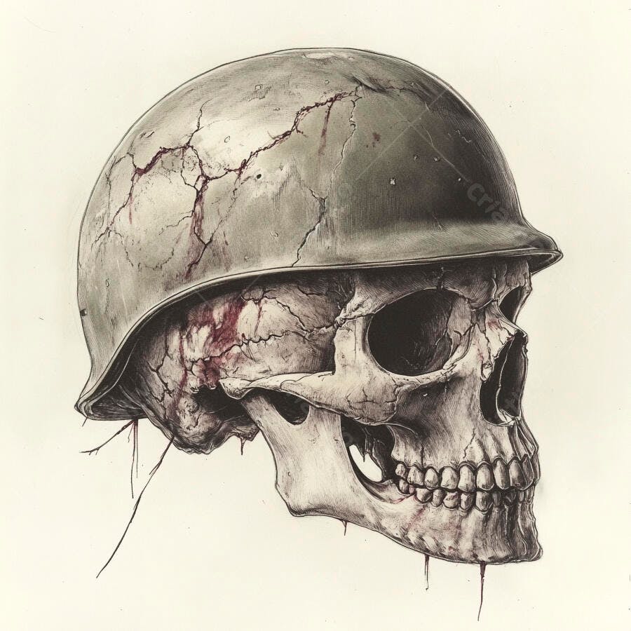 Ilustração Crânio Humano Capacete Militar Rachado Desenho