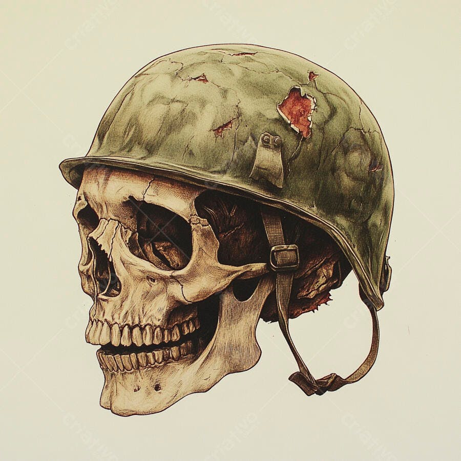 Crânio Humano Capacete Militar Danificado Guerra