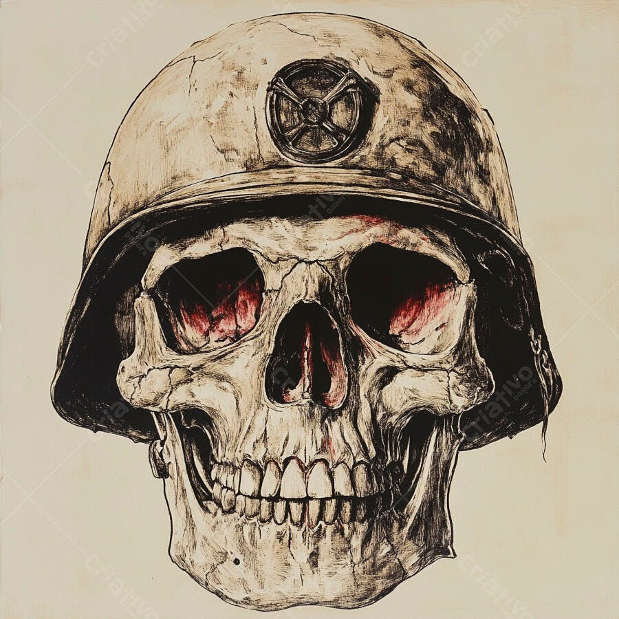 Crânio Humano Capacete Militar Desenho Ilustração Sombria