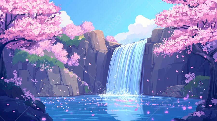 Cachoeira Japonesa Flores de Cerejeira Anime Ilustração