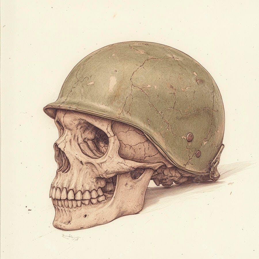 Foto Crânio Humano com Capacete Militar Antigo Ilustração
