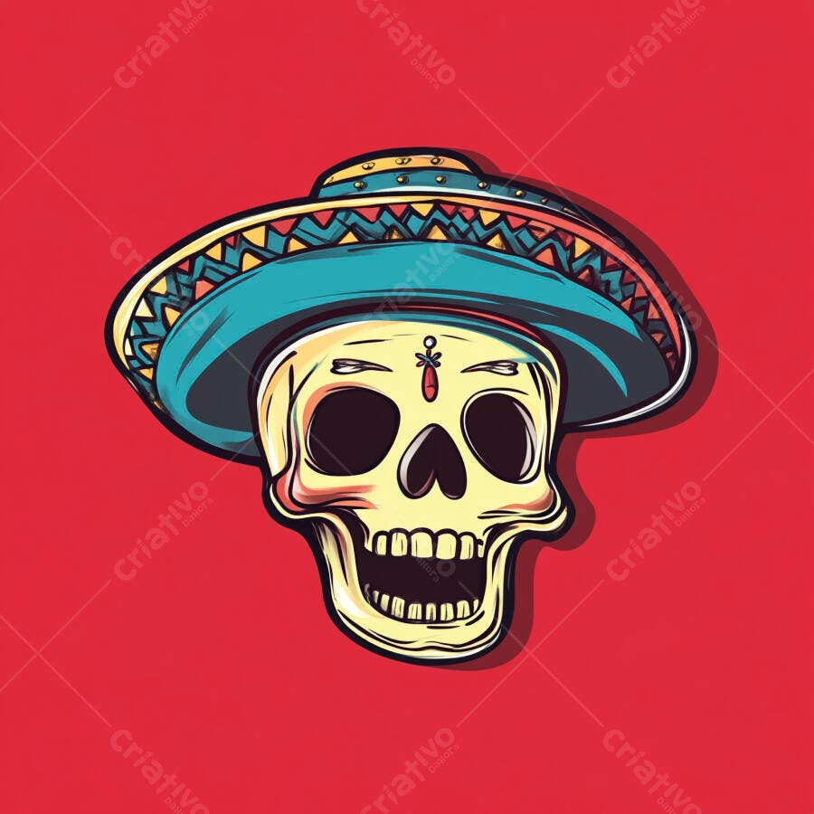 Caveira Mexicana Chapéu Sombrero Dia dos Mortos Ilustração