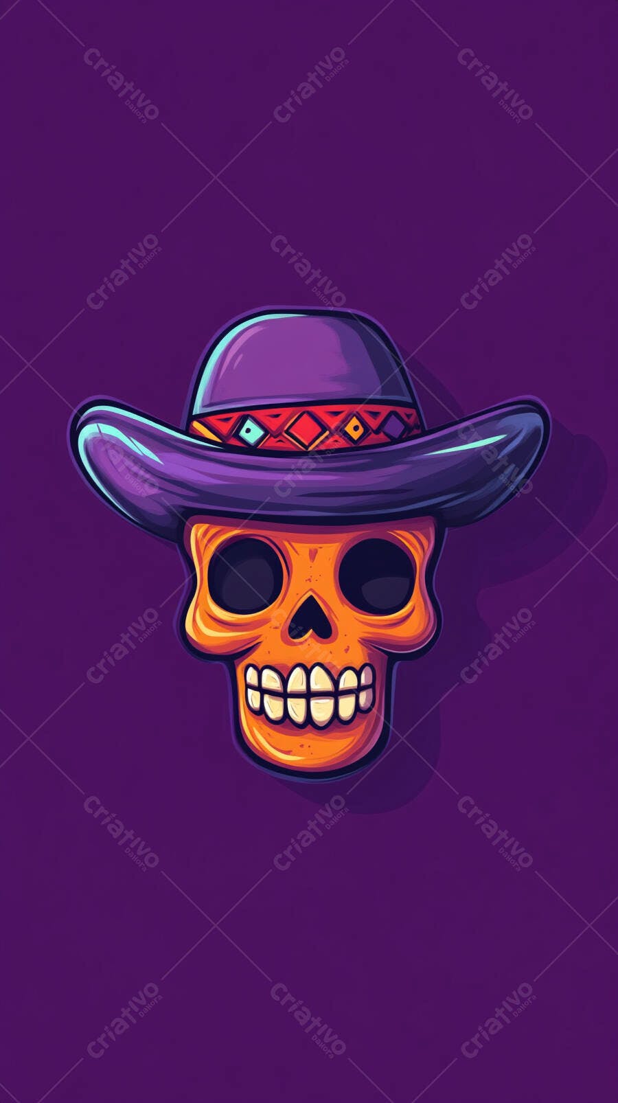 Caveira Mexicana Chapéu Roxo Dia dos Mortos Ilustração