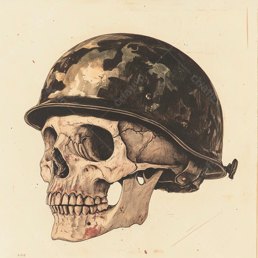 Ilustração Crânio Humano Capacete Militar Vintage Guerra