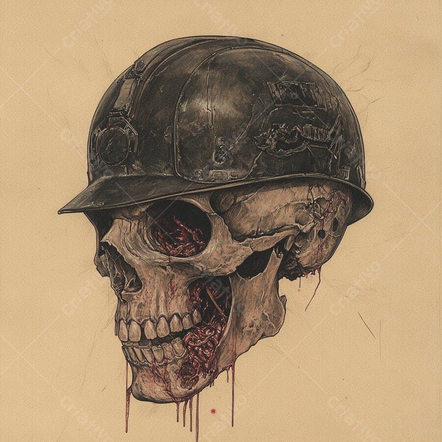 Caveira trabalhadora com capacete industrial danificado e sangue escorrendo
