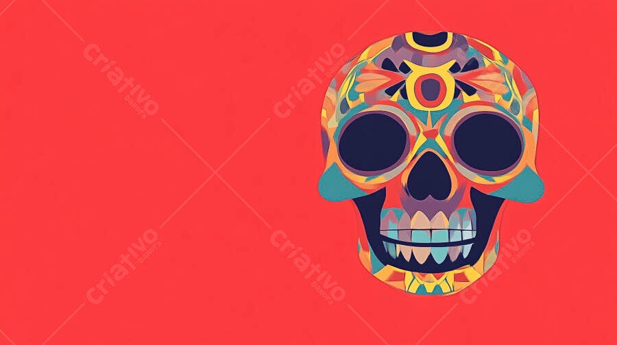 Calavera mexicana colorida para Dia dos Mortos em fundo vermelho vibrante