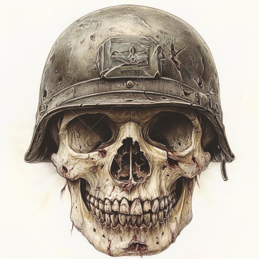 Ilustração Crânio Humano Capacete Militar Guerra