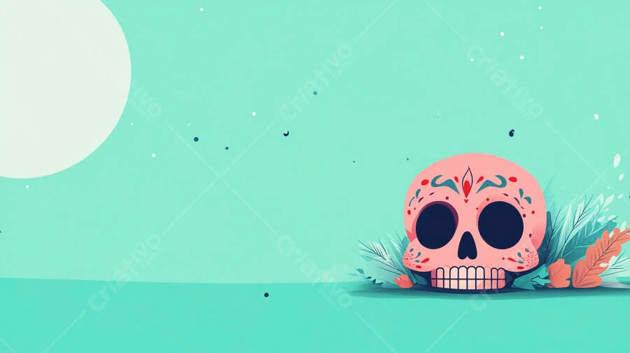 Ilustração Caveira Mexicana Dia dos Mortos Fundo Verde Água