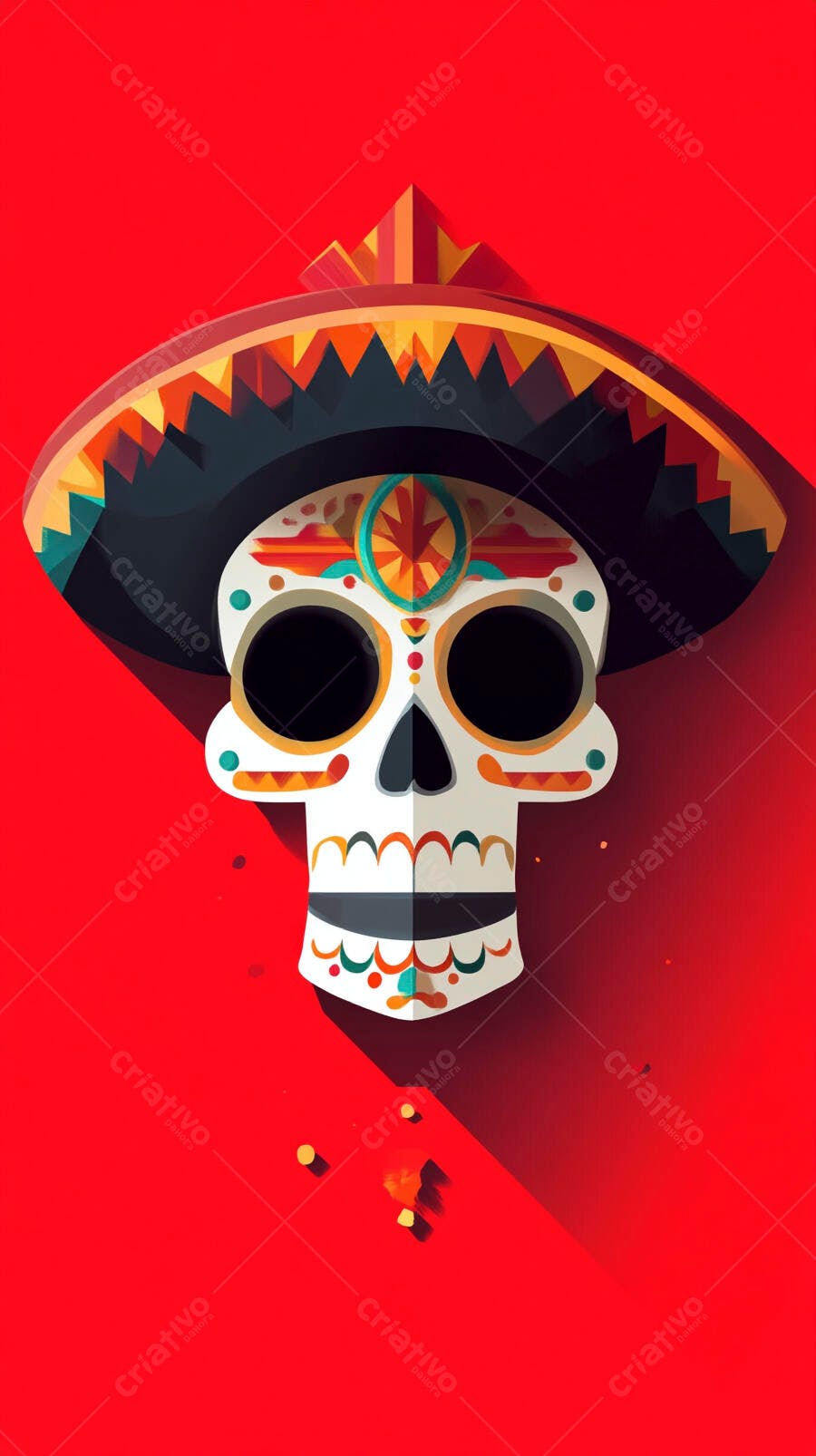 Caveira Mexicana Sombrero Dia dos Mortos Fundo Vermelho