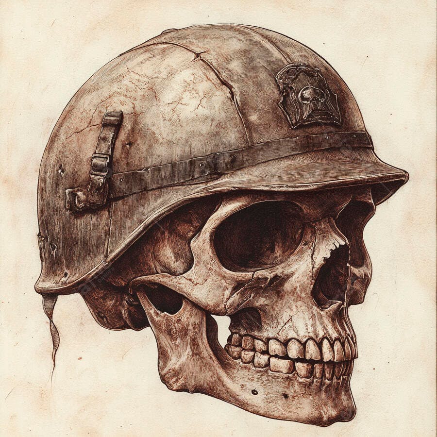 Ilustração Crânio Humano Capacete Militar Antigo