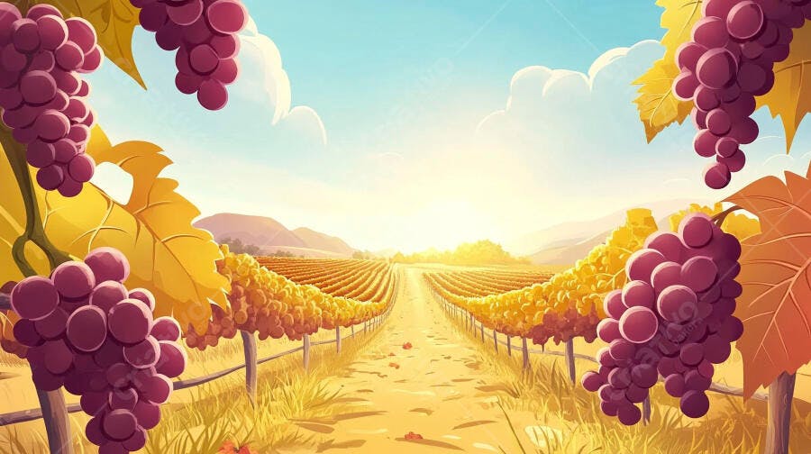 Ilustração Campo de Uvas Vinhedo Estrada Céu Azul
