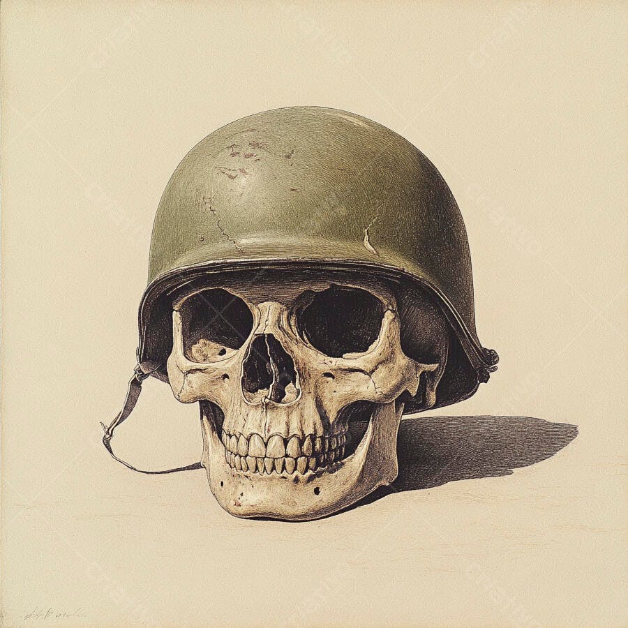 Crânio Humano com Capacete Militar Antigo Fundo Neutro