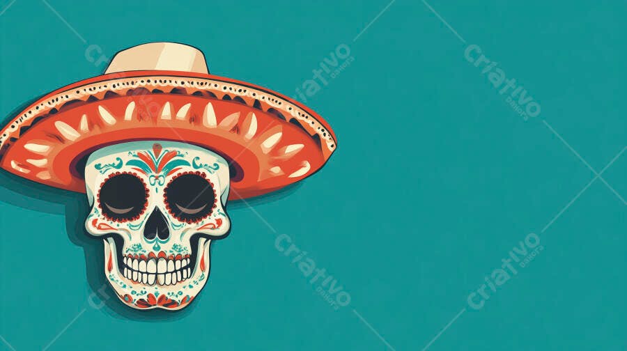 Caveira Mexicana Sombrero Dia de Los Muertos Fundo Azul